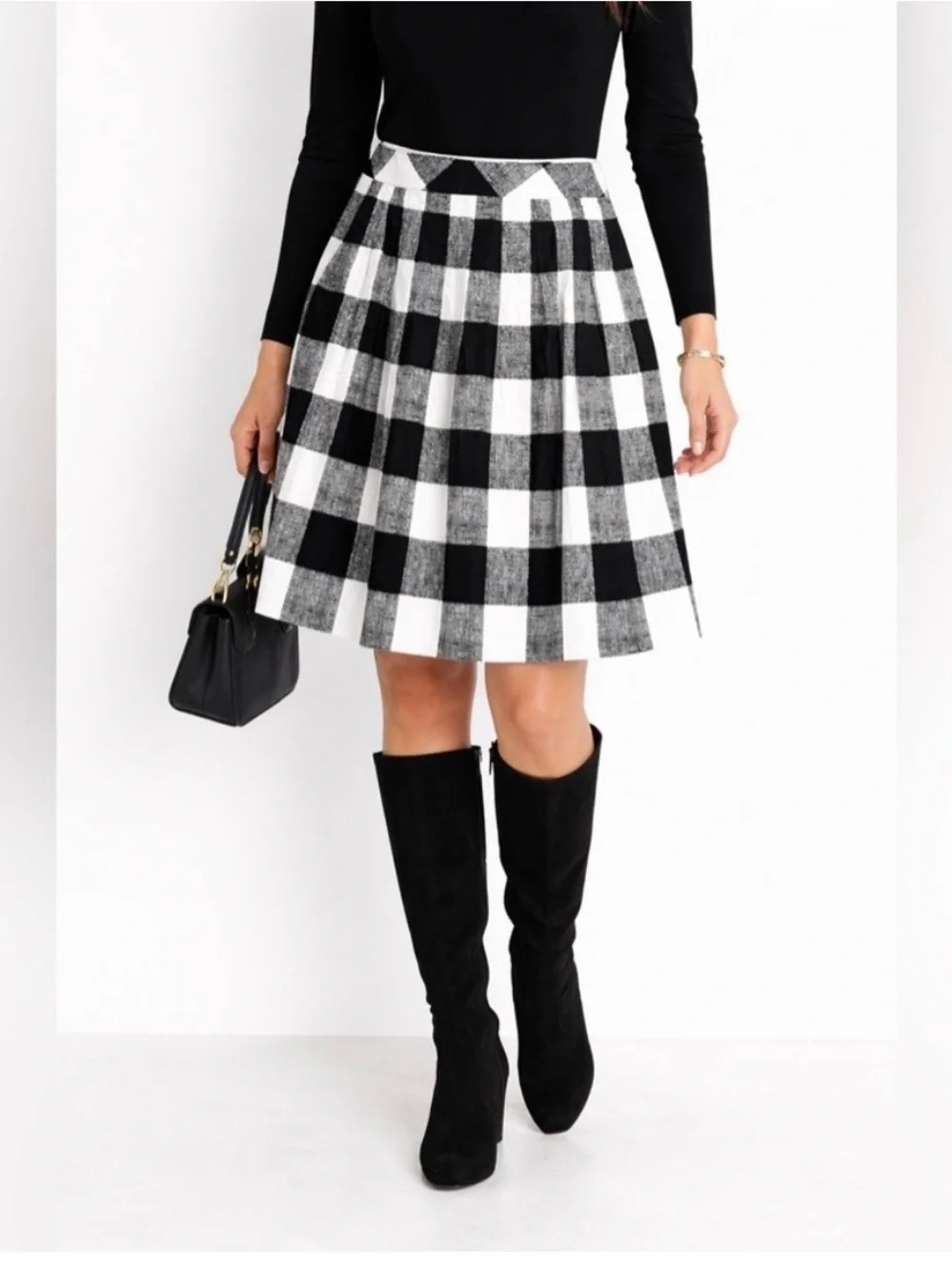 Talbots Buffalo Check Plaid Pleated A-Line Skirt Sz 8 Black White Cotton Blend